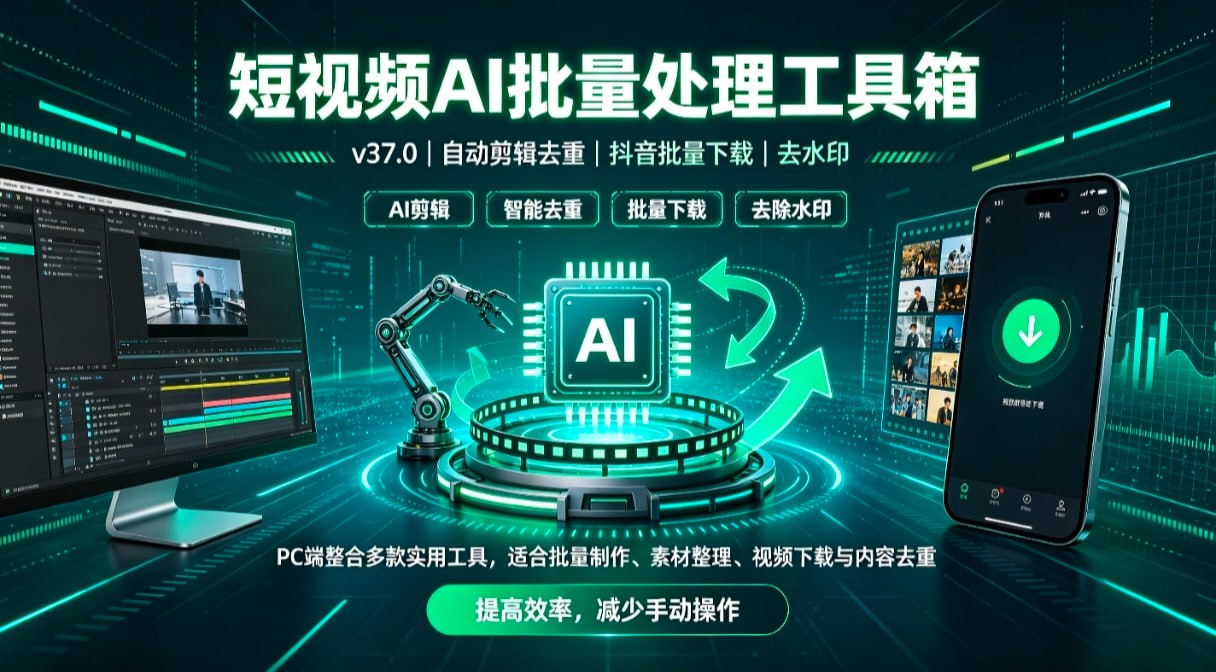 PC端多功能运营工具套装v37.0｜内含AI全自动视频剪辑去重软件+抖音批量下载无痕去水印程序封面